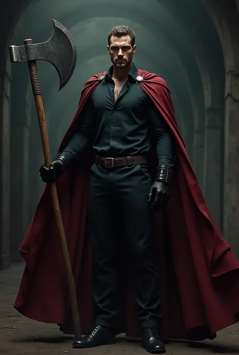 A man wearing a black button-down shirt , a dark red cape and holding an axe in both hands with dark gloves on a dark background.