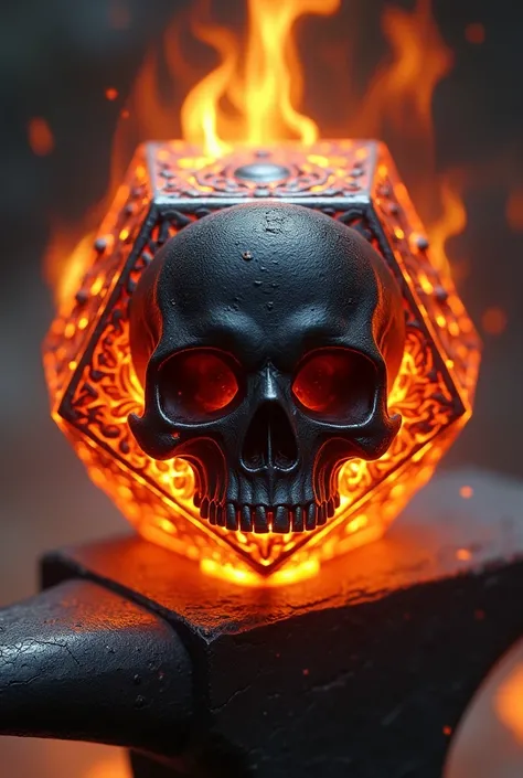 Dice from the game Heroquest burning showing a black skull on an anvil with 8k resolution