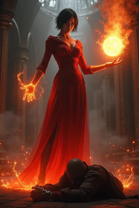 Ada Wong from resident evil, towering her defeated opponent with arrogance, holding a magical fireball in her hand which is overflowing, and absorbing the very soul of her enemy 