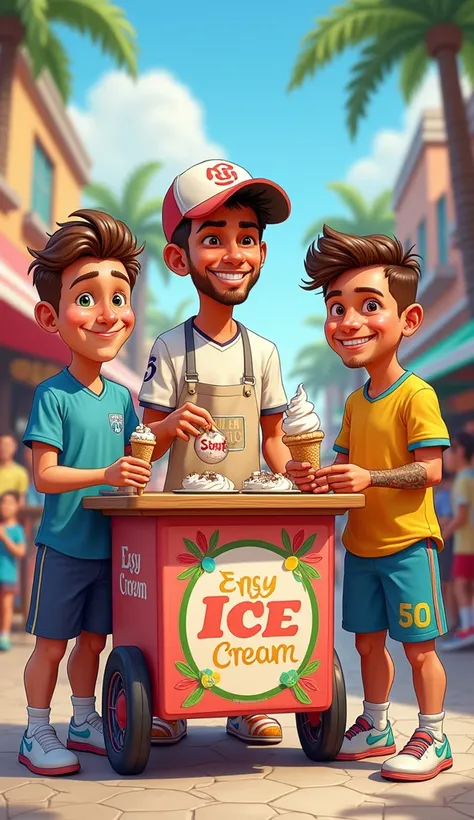 "Create a fun and colorful illustration where Neymar is an ice cream vendor in a lively street setting. Neymar is standing behind a beautifully decorated ice cream cart, wearing a cheerful apron and hat. Lionel Messi and Cristiano Ronaldo are standing in f...