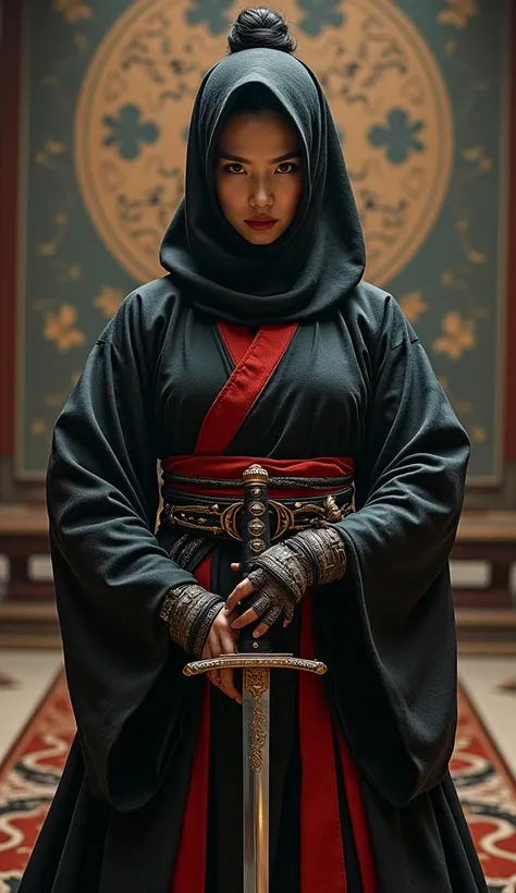 masterpiece, Highest quality, Raw photo, Realistic photos, Holding a Japan katana shining sword in his right hand, Slash an enemy with a Japanese katana sword, loooking at viewer, Glaring at the audience,beauty Japanese female hijab samurai, Wearing a Japa...