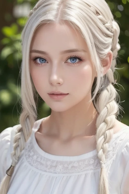  top quality , masterpiece,White Hair,  blond eyes ,White clothes, Look up,  upper body,hair, white skin,Side braiding