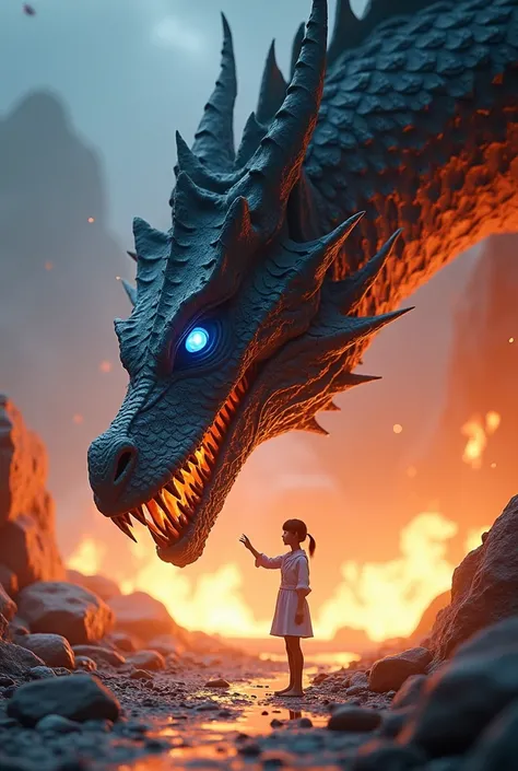 The profile of a huge dragon is centered in the picture, with extremely sharp scales and shining blue eyes. (((Ultra-realistic))) In the background, there are rocks and flames spreading into the air, creating an atmosphere of intense battle. A small human-...