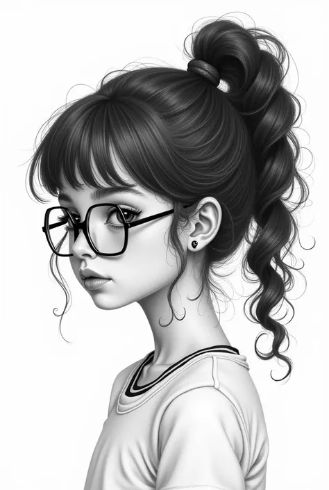  You have an almost realistic black and white drawing of a girl with tied hair with a high curly ponytail, with semi-closed eyes with thin lenses,  cardboard style