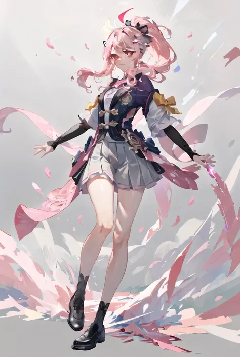 8K,  Best Quality , masterpiece, (ultra-Details:1.1), (high Details skin), 
(Full body:1.2),   Violent battlefield background  , Octagonal standing ,  looking at the front ,  unique ,  One hand hold gray pink Ak5, 
vny,  Pink eyes ,  Ponytail ,  Pink bow h...