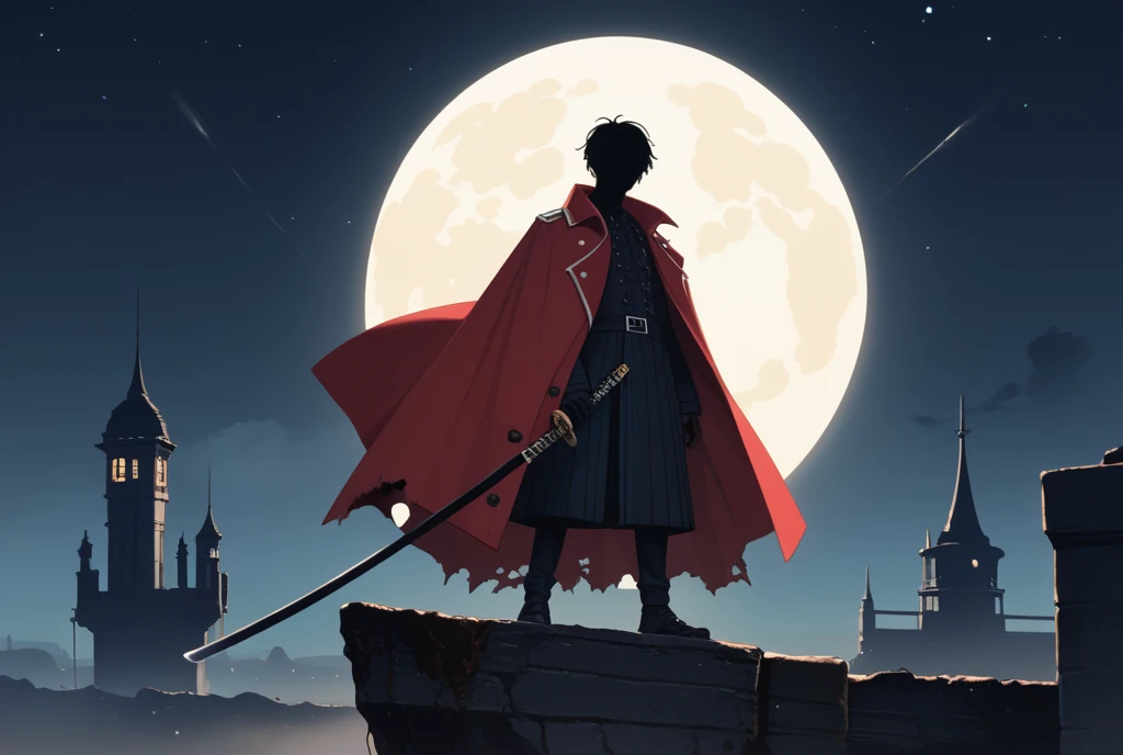 " A night landscape with a bright full Moon that illuminates a sky full of stars.  in the background , there is an ancient city ,  with tall, gothic towers ,  shrouded in bluish fog . in the foreground,  a mysterious warrior ,  dressed in a long black and ...