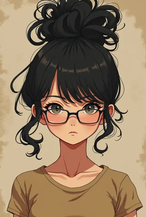 Draw a picture of a girl with tied hair with a high curly ponytail, with semi-closed eyes with thin lenses,  cardboard style