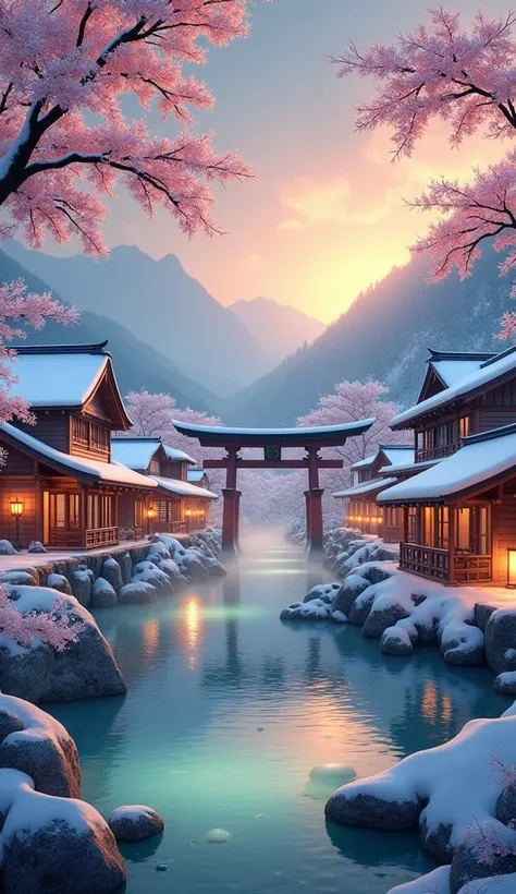 A photorealistic illustration in gothic style, A serene, magical Japanese village in winter, blanketed in soft, glistening snow, surrounded by misty mountains under a golden twilight sky. Warm steam rises from an open-air hot spring nestled among smooth, s...