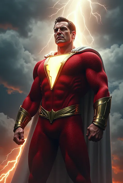 create hyper realistic superhero shazam with zeus face so angry
