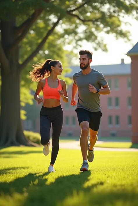 A couple running in the school yard.