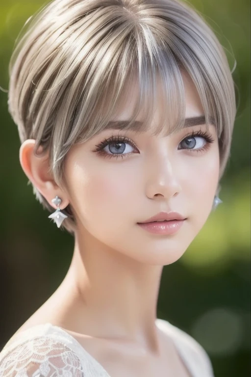 ( top quality , masterpiece),  One girl ,  beautiful girls,  brown_eye, ((hair color [Silver hair], [ pixie cut with a bang] hair)),  earrings for women with first name, lips, Short sleeve, realistic , Slim waist, Charming,   colorful makeup ,  has long ey...