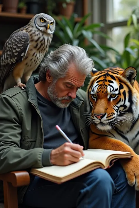 A relaxed man, 25 years, leaning with a grey hair, sits amidst his menagerie. Heâs deeply engrossed in writing in a half full notebook with a pen, while a big majestic tiger calmly gazes on. Meanwhile, an owl perches knowingly on his shoulder, and a great ...