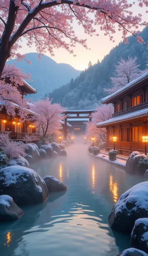 A serene, magical Japanese village in winter, blanketed in soft, glistening snow, surrounded by misty mountains under a golden twilight sky. Warm steam rises from an open-air hot spring nestled among smooth, snow-covered rocks, its crystal-clear waters ref...