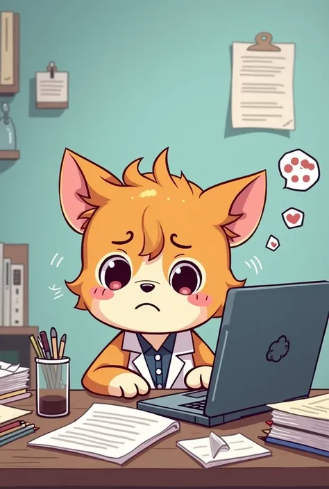 Create a cute picture of a cute cartoon who is tired of writing lab report in front of laptop