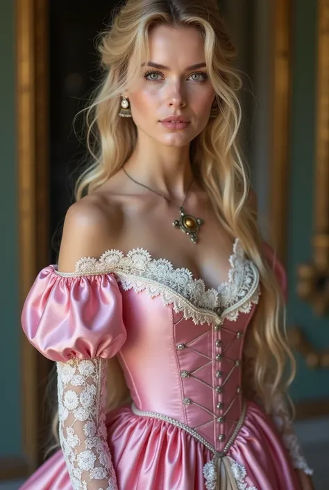 a woman in a pink dress with a white lace trim, as a medieval fantasy character, medieval princess, blonde - haired princess, beautiful female princess, dressed in a pink dress, rapunzel, beautiful maiden, irina nordsol kuzmina, dress in the style of rococ...