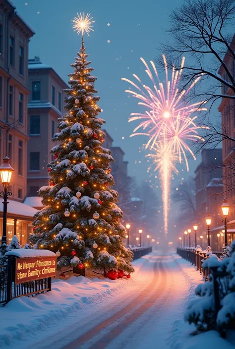 Create a video of a snow-covered city, with a Christmas tree , with fireworks coming out of the ground ,  and a sign on the side that says The REIS Family wishes you a MERRY CHRISTMAS