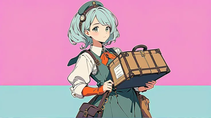  Simple Colored Old Cartoon Style,  steampunk, Postman Girl , Pastel color tone for background