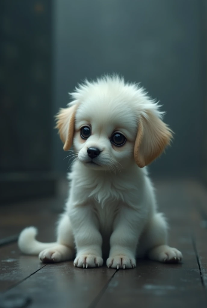 Sad white Iasha puppy