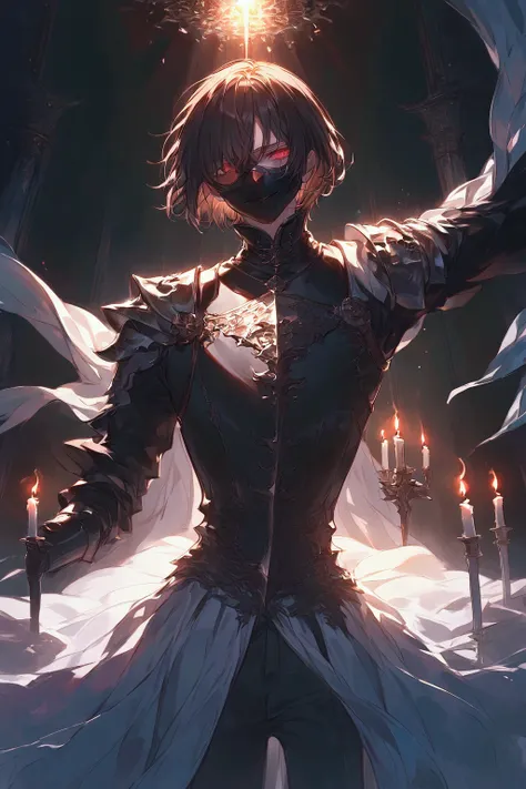 Illustration, top quality, pixiv illustration, very detailed animation, (alone) (male), left eye patch mask, black hair, short hair, red eyes, knight, dramatic lighting, dark and serene room with candles, black clothes