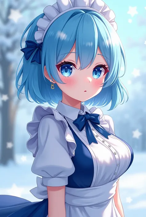 anime girl with blue hair and blue eyes in front of snowflakes, anime girl in a maid costume, loli, rem rezero, freezing blue skin, 8k!!, anime moe artstyle, paint tool sai!! blue, cute anime girl, render of a cute 3d anime girl, cute anime style, only sno...