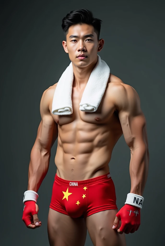 Handsome and sexy Korean Teenageer, teen, young, boy, shirtless, Towel around the neck, China Flag underwear open on one side and showing his sixpack abs, muscular, sixpack, young, front view, Korean idol, biceps and triceps, China flag gloves, photo reali...