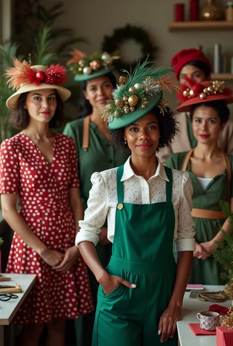 Real image of a beautiful black milliner in her workshop posing for pictures with her workers, all wearing fascinators with Christmas decorations in the workshop 