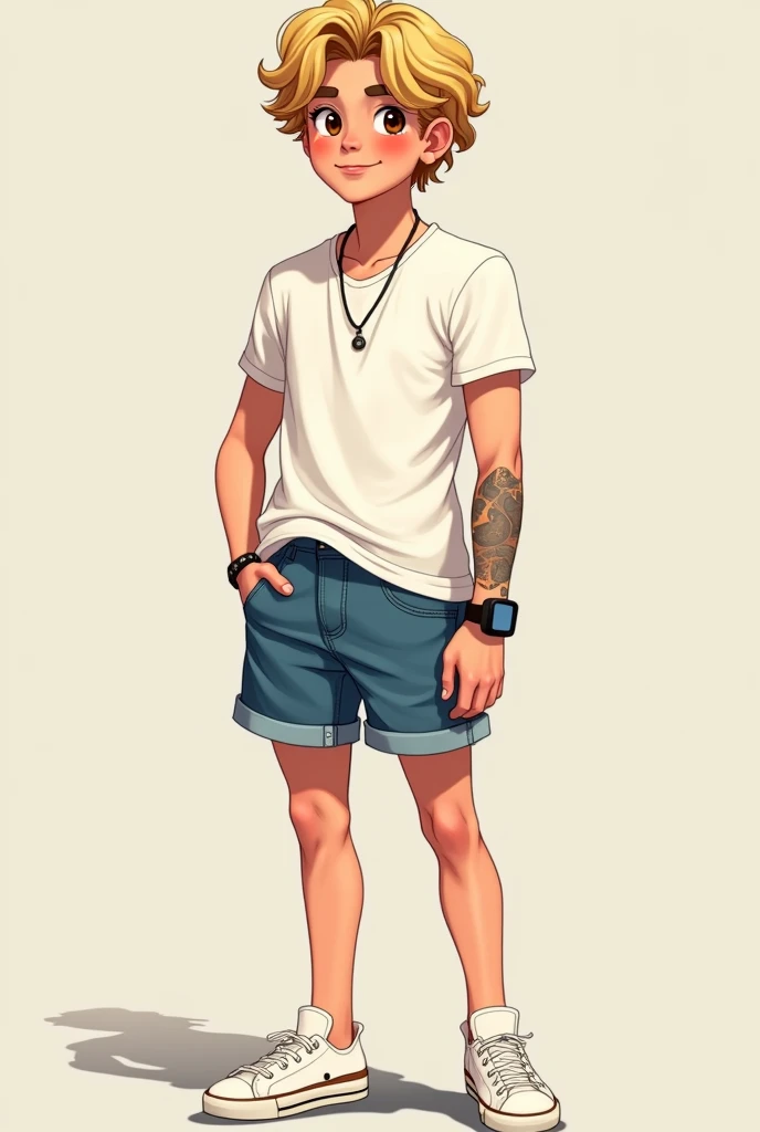   Tyler is a 20-year-old male boy of medium tall height with white skin ,  light brown eyes and blonde eyebrows and medium wavy blond hair and the tips of his lips light pink half blush .Tyler viste a camisa blanca de manga corta,  blue denim shorts and wh...