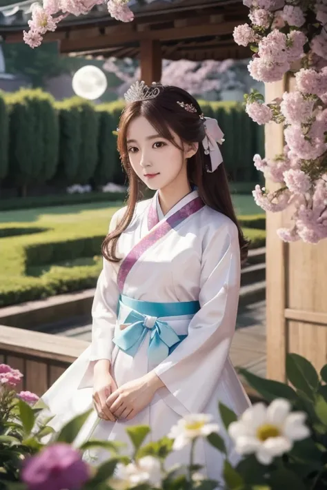  top quality , expensive_resolution,  clear_image,   detailed background , girl , hanbok,flower,garden,moon,   knight , Dutch angle,  wide shot,  crown,