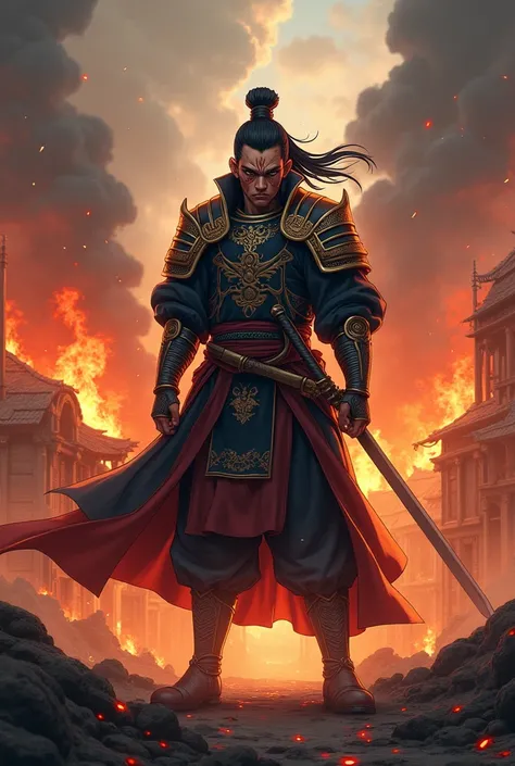 who looks like an anime warrior from Murim polo, a mutilated face in the style of Manhwa and with a burning village behind him and standing still holding a sword in his hands 