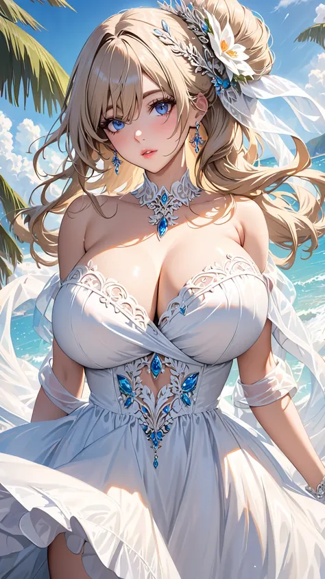 masterpiece:1.4, best quality, Super detailed ,  gorgeous hair accessories  , ((( photo ))), ((  A beautiful woman  )), Beige hair,  huge breasts,  beautiful eyes 