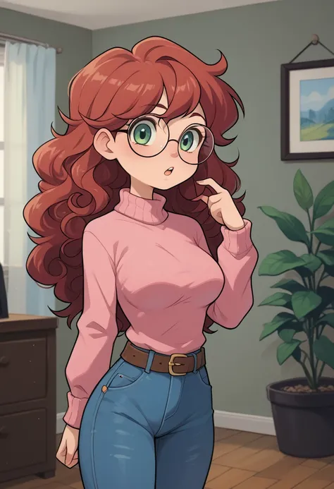 Solo, small young girl, skinny body, slender body, red hair, curly hair, long hair, green eyes, large eyes, (large breasts), round glasses, denim jeans, pink sweater, tight sweater, (tight pink sweater), indoors, chibi, tucked in sweater, brown belt