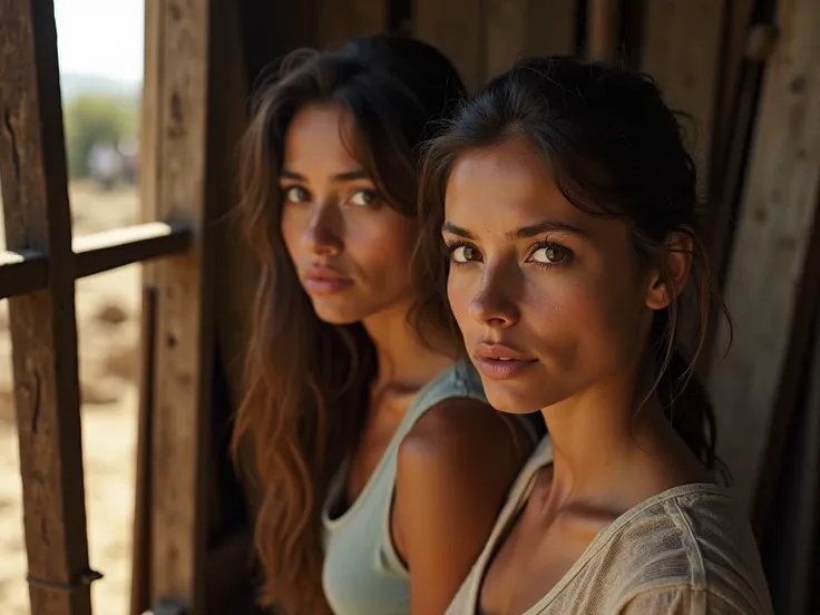 Photo quality image of Two ren in a dirt patio, with planks and iron bars behind them, like a shelter in a very poor environment. The light of the evening sun beautifully illuminates the scene, passing through the spaces between the planks and iron bars, p...