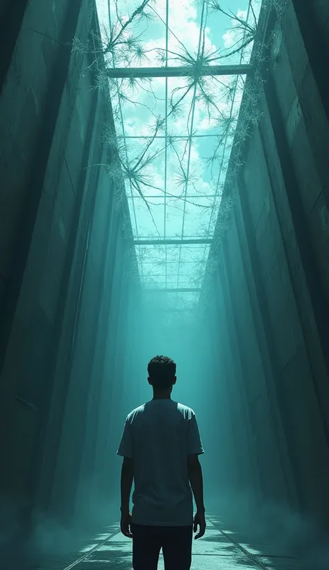  A person under a shiny glass ceiling ,  surrounded by ominous shadows that seem to try to break it . The figure looks up with uncertainty ,  while the reflection in the glass shows cracks starting to appear." Give more vivid colors to the scene.