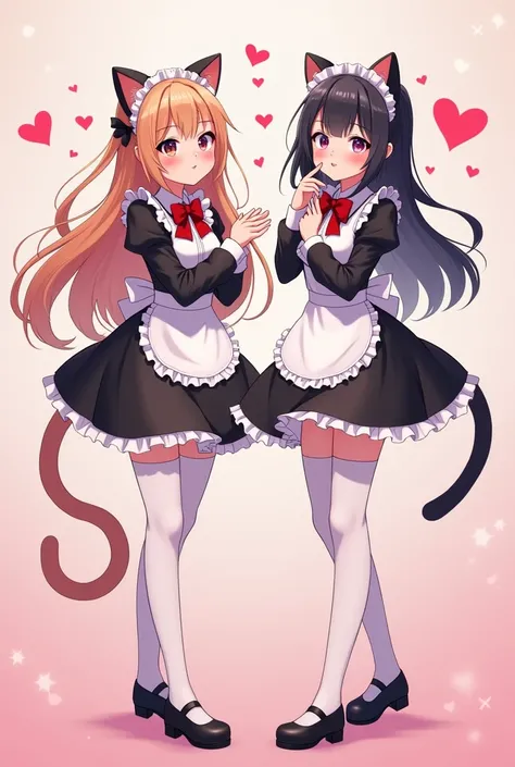 anime character of two women in maid uniforms with hearts in background, a 3D render inspired by Ma Yuanyu, pixiv, rococo, maid outfit, anime girl in a maid costume, maid dress, live2d virtual youtuber model, cosplay of a catboy! maid! dress, loli, anime v...