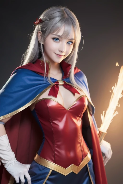 , colorful ,(masterpiece:1,2),  top quality , masterpiece,  high res,  original ,  Extremely High Definition Wallpaper ,  One girl  ,smile,Alone,  gray hair,  blue eyes,  original _Costume,Red Cape,White Bread,  gloves, chest, uniform, large chest