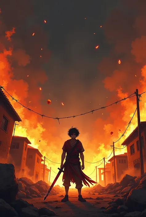 nime-style scene of a lone warrior holding a sword, standing in the middle of a burning village. The flames are engulfing the buildings, casting an orange glow across the scene. The sky is dark with smoke, and there are chaotic explosions and debris flying...