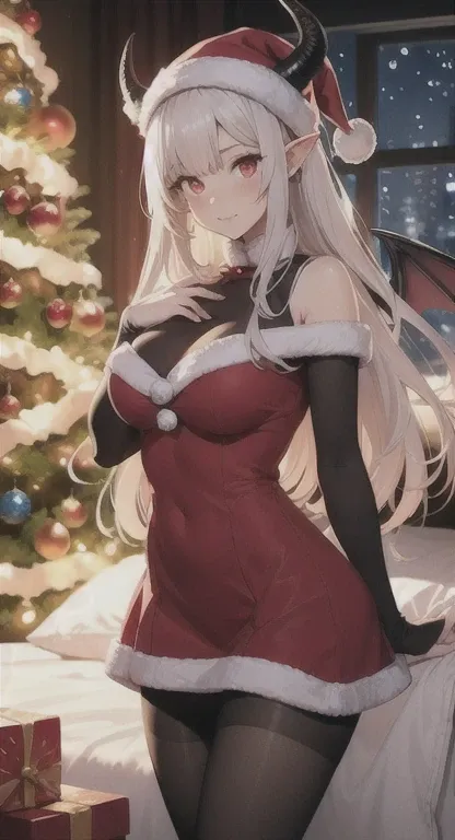 1girll, playgame, succubus, red eyes, Long hair, horns, wings, Large display,  Christmas dress, pantyhose, home, Christmas day, SFW, muted colors