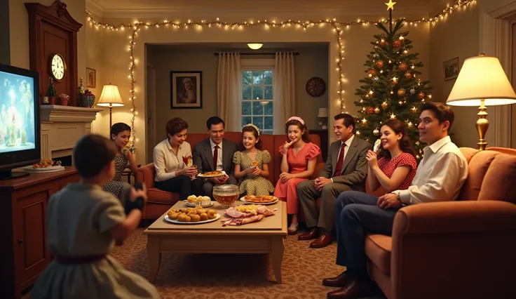 Maximum quality masterpiece, 4k resolution, (best quality, 4k, 8k, high resolution, masterpiece:1.2), super detail, (realistic, photorealistic, photorealistic:1.37), HDR In the warm, cozy living room of a 1950s suburban home, a cheerful family gathers to c...