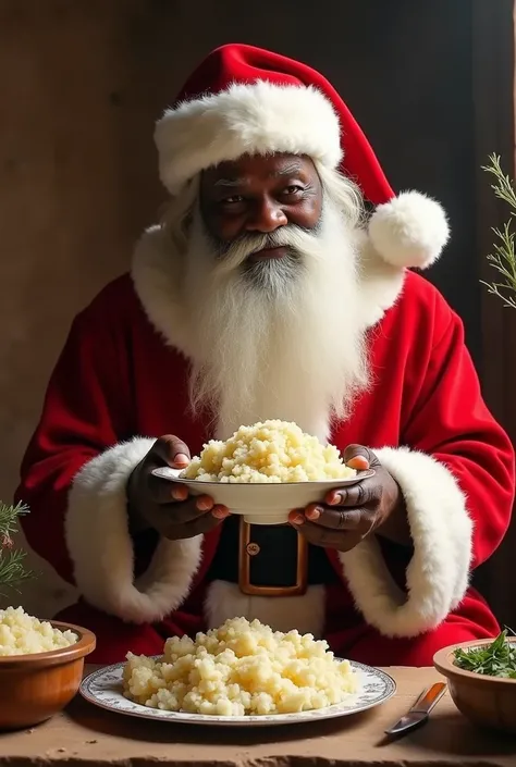 Père noël qui mange garba blanc avec ses mains comme un africain 