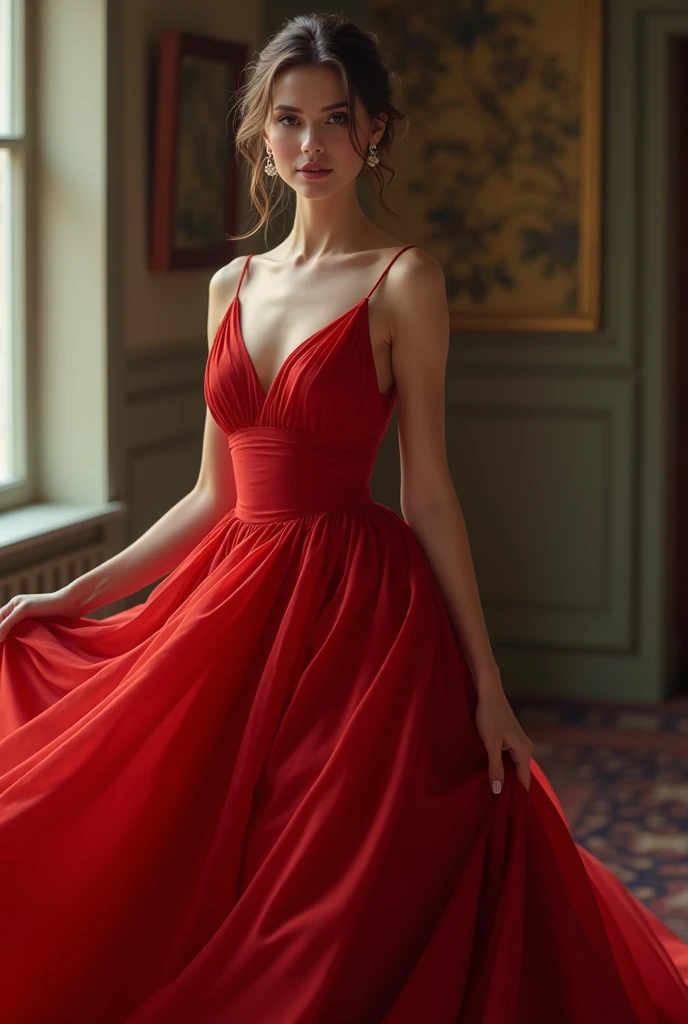 A beautiful  dressed in a beautiful red dress 