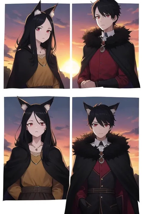 Dont Starve style ,  masterpiece ,  best quality,  Ultra-detailed,  illustration, 1 ,   long black hair ,  full red eyes, wolf ears, Black cloak, fuzzy necklace ,  sunset 