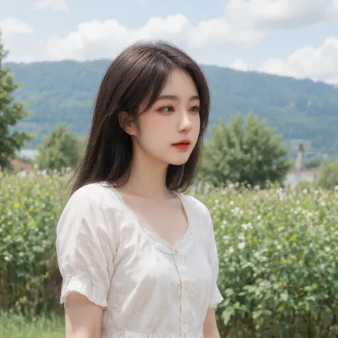 (( Best Performance )),((8K photography)), Beautiful woman, good figure,  Korean star-like face ,  white lace dress ,  standing watching flower fields ,  background is meadow and mountains,  camera angle 3 meters away , Strong wind, Black hair fluttering i...