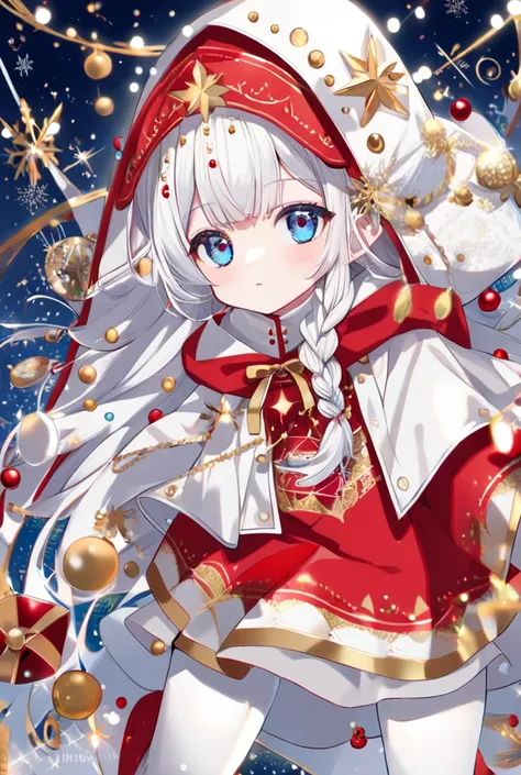 Postcard Red Hooded Girl White Long Sleeve Dress White Boots Blue Eyes White Gold Hair Single Braid Bright Glitter Christmas Theme