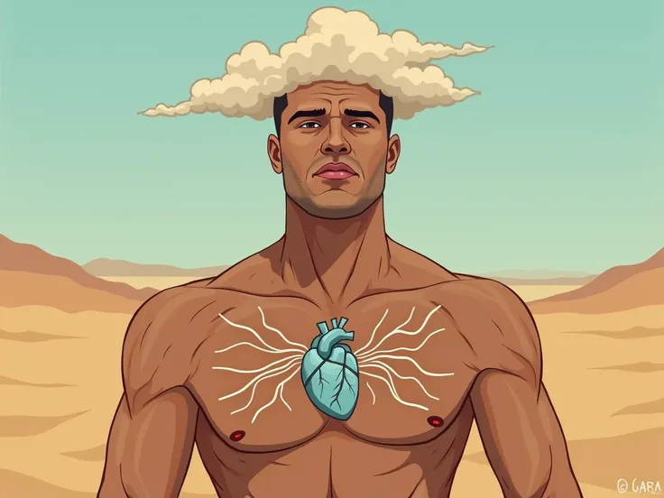  A person with dry and cracked skin ,  representing a lack of hydration ,  in a desert and arid environment . on his chest,  a stylized heart surrounded by wavy lines that symbolize the bodys effort to pump blood Thickens.  above your head,  a blurry or di...