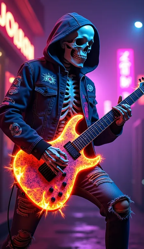 Create a stunning 8K UHD hyper-realistic artwork of a skeleton performing an electrifying guitar solo in a vibrant, neon-lit night scene. The skeleton glows with neon colors, radiating an intense energy as it plays a Jackson King V guitar, featuring a fier...