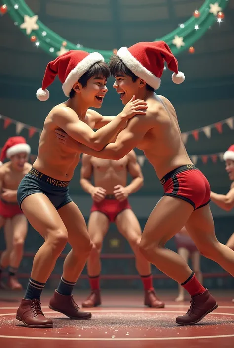 2924 christmas greetings from  boys wrestling 2nd fedaration boys are wearing a brief underwears and christmas hats