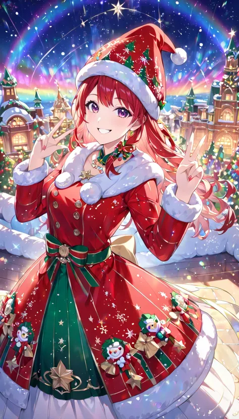 Masterpiece, top quality, highly detailed, detailed 4k artwork, gloss, sparkles, magic particles, white sheen and glitter, cheerful woman, colorful Christmas outfit, red woolen hat, vibrant Christmas outfit, Christmas dress with hat, cheerful pose, smiling...