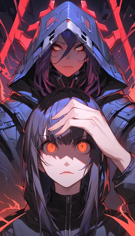 Close up of a person wearing a hood when you hold up your finger , arknights,  Arknights,  I began to feel  , portrait   gapmoe yandere grimdark ,  cyberpunk anime girl is wearing a hoodie, Artgerm Comics, artgerm style, Omen from Valorant , Gwaiz,  hellta...