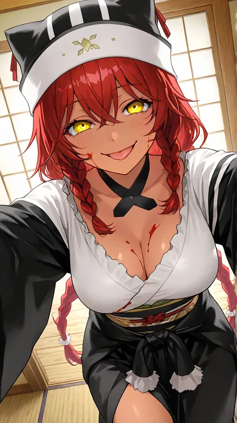 ,  High Quality , 最 High Quality , masterpiece,  high res, detailed face , anatomically correct , 
 yellow eyes,  red hair,  braids,,  wearing a black beast ear hat , One girl , solo, Dark Skin, brown skin, adult woman, Beautiful Women,Beauty,
Inside a Jap...