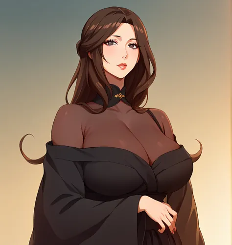 1 girl, mature female, older, gigantic breasts, milf, motherly, wide hips, long hair, straight hair, parted bangs, black long hair, black eyes, black kimono,  off-shoulder, score_9, score_8_up, score_7_up, score_6_up, source_anime, beautiful face, expressi...